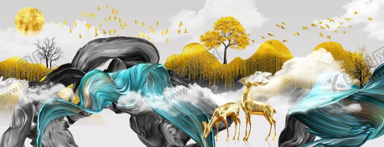 编号：97984004171727086815【酷图网】源文件下载-新中式麋鹿发财树三联画