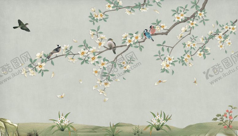 编号：44030405040910214944【酷图网】源文件下载-花鸟画兰花背景墙
