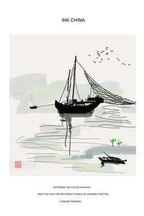 水墨湖畔帆船玄关装饰画