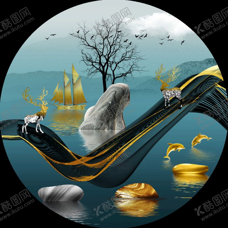 编号：94542210181507254552【酷图网】源文件下载-飘带金色麋鹿山水圆形玄关