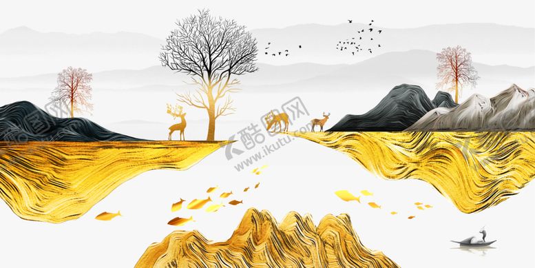 编号：52127909230703183780【酷图网】源文件下载-新中式江南金色山水飞鸟装饰画