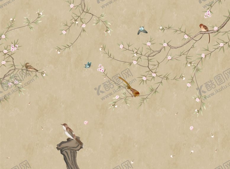 编号：23879209211042375499【酷图网】源文件下载-花鸟画飞鸟梅花背景墙