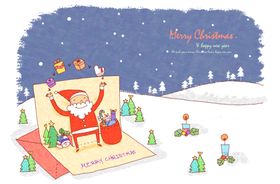 圣诞老人雪天唯美清新水彩风插画