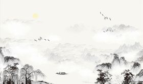 水墨山水小船背景墙
