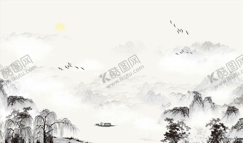 编号：31226505121136162327【酷图网】源文件下载-水墨山水小船背景墙