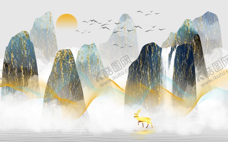 编号：69748006270051392018【酷图网】源文件下载-新中式金色水墨山水背景墙