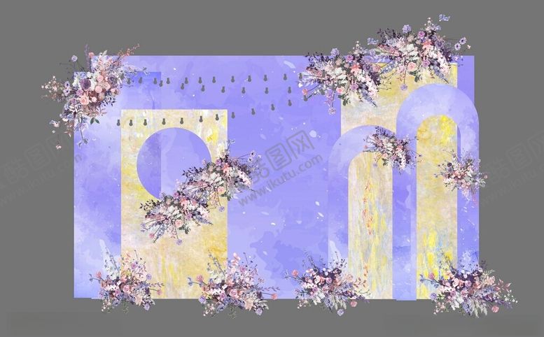 编号：46225501151355518632【酷图网】源文件下载-紫色梦幻迎宾舞台结婚宴布置