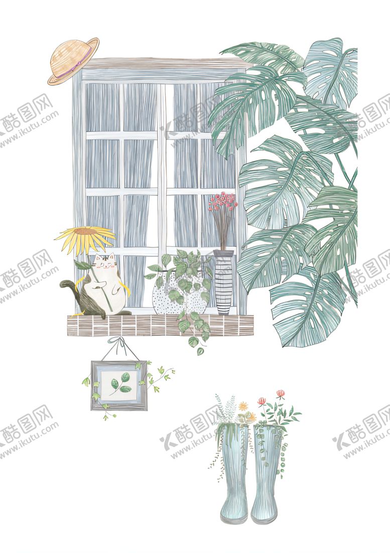 编号：52705601250415419479【酷图网】源文件下载-窗台绿植小猫向日葵