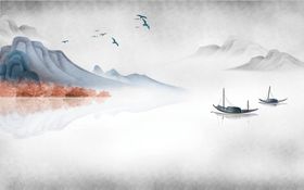 水墨山水简约花鸟背景客厅装饰画屏风壁中国风