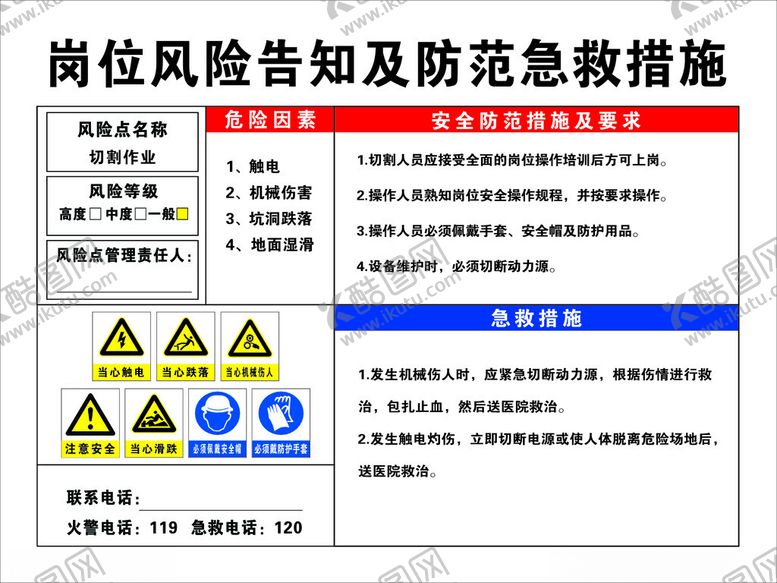 编号：82770701252137407900【酷图网】源文件下载-岗位风险告知及防范急救措施