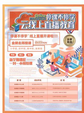 简约卡通停课不停学线上教育海报