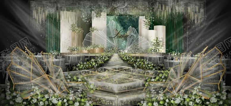 编号：14616109261846202123【酷图网】源文件下载-墨绿色婚礼主舞台效果图