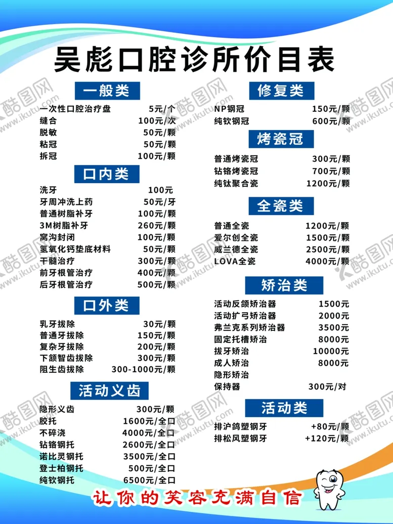 编号：22920911280550429616【酷图网】源文件下载-吴彪口腔诊所制度价目表