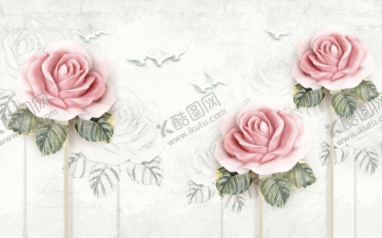 编号：33184411011641446855【酷图网】源文件下载-粉色玫瑰花绿色线条花纹背景墙