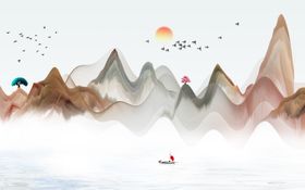 树飘带小船太阳背景墙