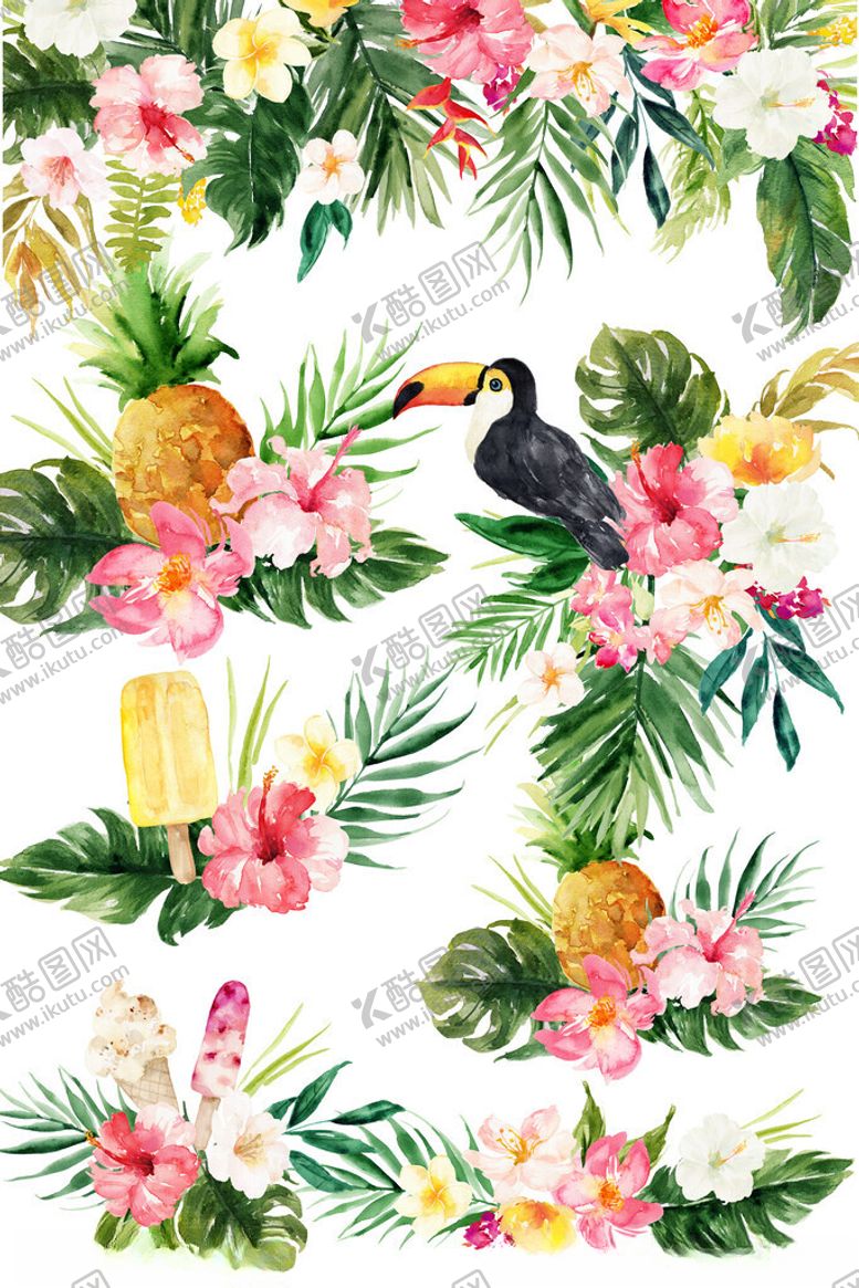 编号：41176011191407089562【酷图网】源文件下载-热带花鸟水彩图案设计