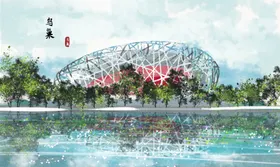 鸟巢景点国风插画卡通背景