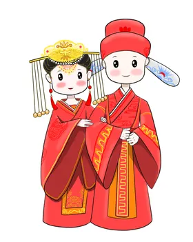 卡通新郎新娘PNG免扣素材古代情侣婚庆海报Q版结婚元