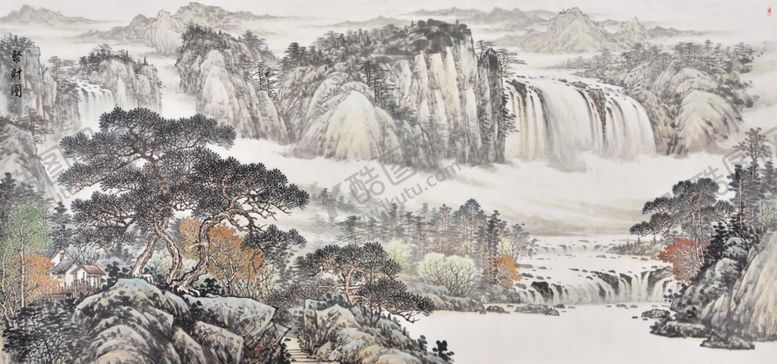 编号：23336409280857378608【酷图网】源文件下载-水墨山水瀑布亭树背景墙