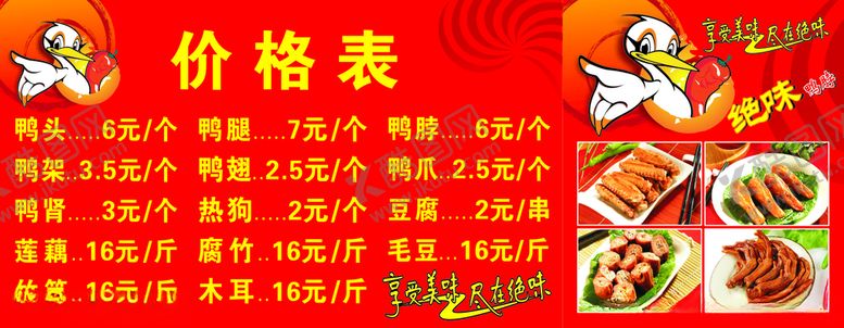 编号：98738701210049295982【酷图网】源文件下载-绝味鸭脖价格表