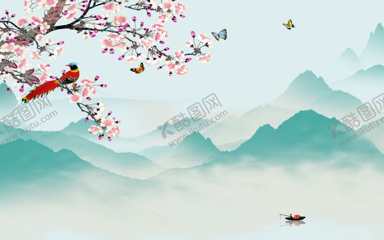 编号：59205310271609125512【酷图网】源文件下载-桃花花鸟新中式客厅背景墙