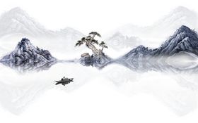 水墨山水小船背景墙