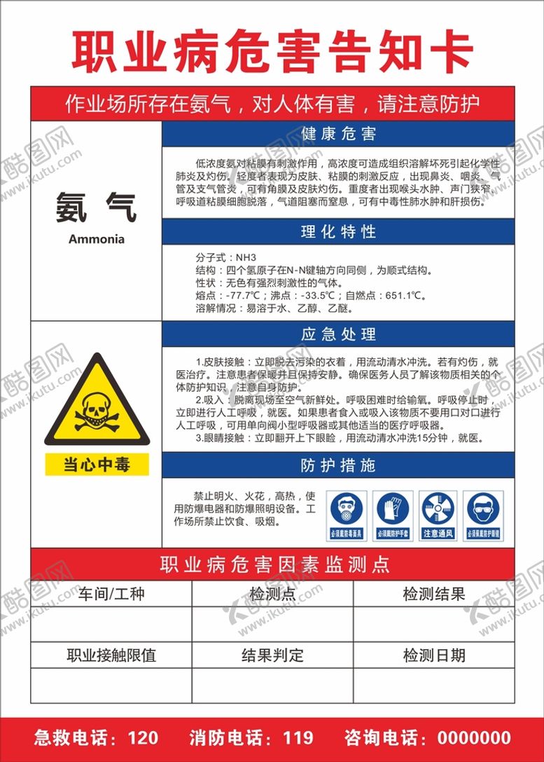 编号：39607901260315167175【酷图网】源文件下载-职业病危害告知卡 氨气