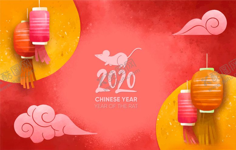 编号：82198507132201234176【酷图网】源文件下载-2020年彩色灯笼鼠年贺卡矢量