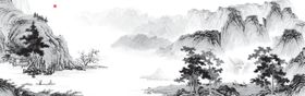 手绘古风插画背景图片山水中国复展板