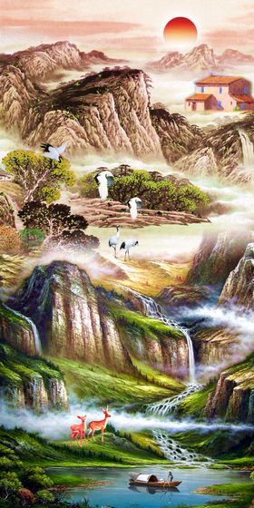 中式唯美油画玄关背景