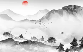 水墨山水背景客厅墙新中式墙意境