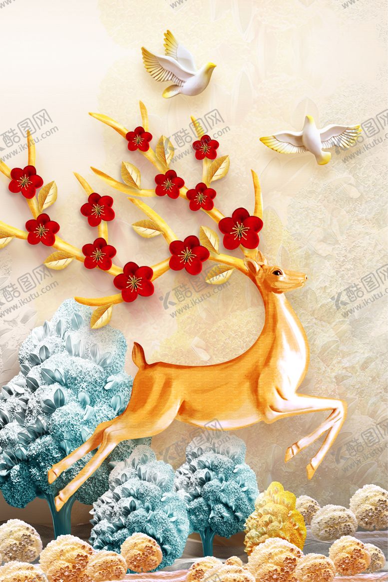 编号：63870609240014074897【酷图网】源文件下载-福禄双收鹿背景装饰画