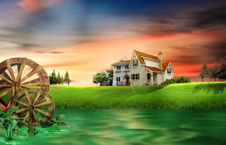 编号：81856909121718388702【酷图网】源文件下载-草坪清新房子水车背景素材