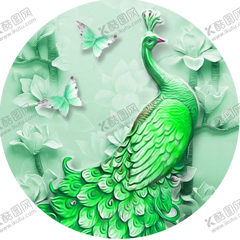 编号：79200812011451047323【酷图网】源文件下载-孔雀蝴蝶水彩圆形挂画