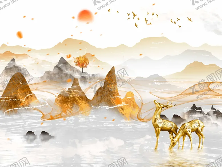 编号：86472109140907316481【酷图网】源文件下载-新中式麋鹿山水背景墙