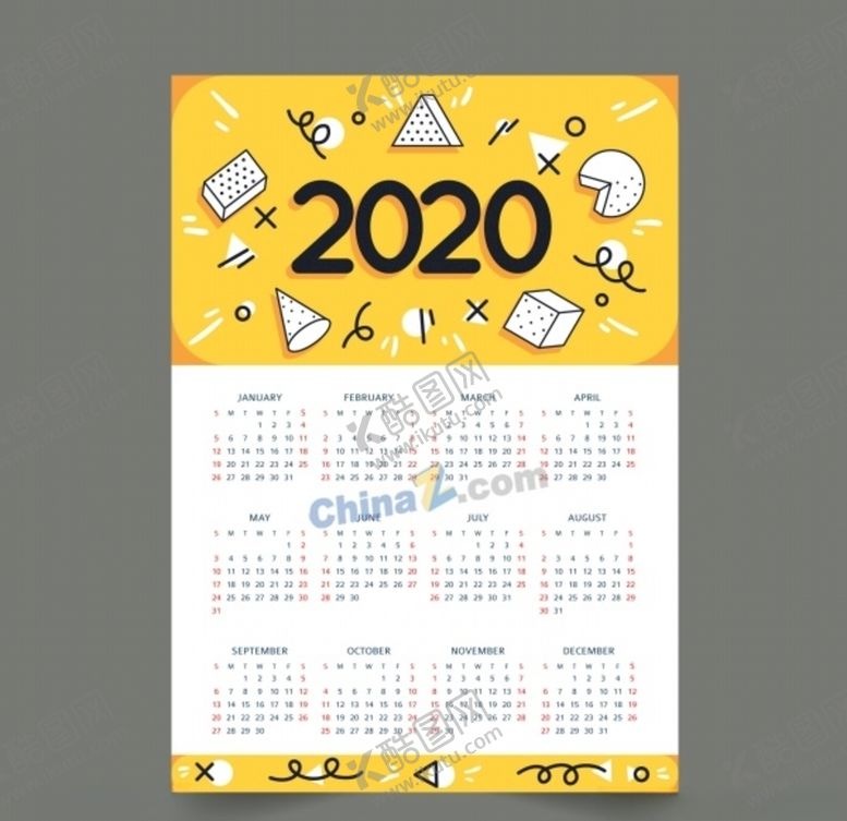 编号：50654706151001179976【酷图网】源文件下载-手绘几何风格2020年日历模板