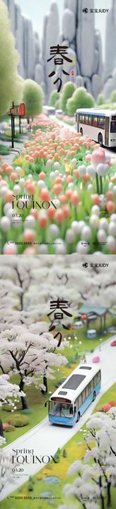 春分海报地产二十四节气花朵巴士