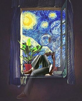 抽象涂鸦月亮星星窗台上的帅气男