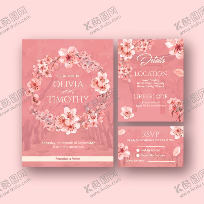 编号：40607510071507023249【酷图网】源文件下载-粉色花卉婚礼请柬设计