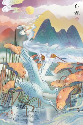 国潮海报设计图片手绘山水鹤舞九天中风场景