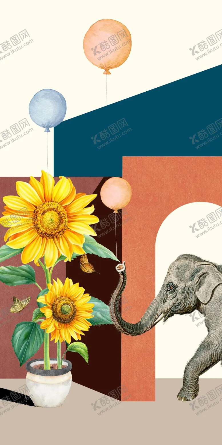 编号：20145909190236506480【酷图网】源文件下载-手绘向日葵大象装饰画玄关