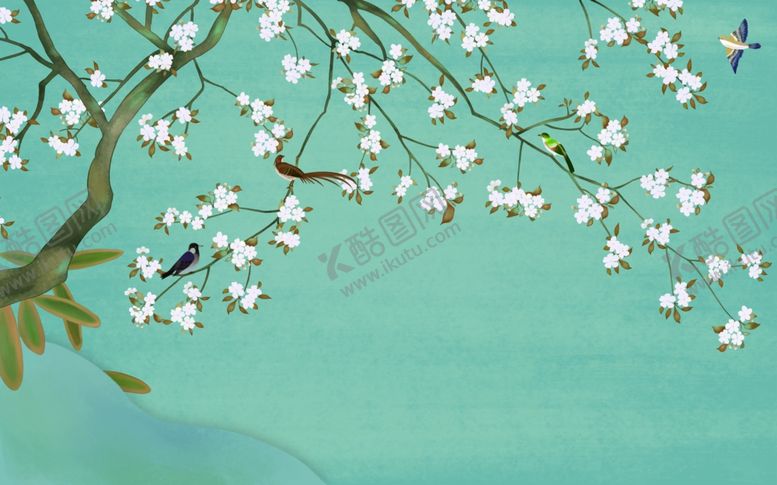 编号：14780110190605212058【酷图网】源文件下载-花鸟画手绘花鸟玉兰背景墙