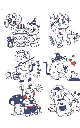 卡通森林拟人动物淡彩简笔画套图