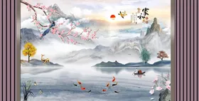 山水沙发装饰画中式抽象石来运转