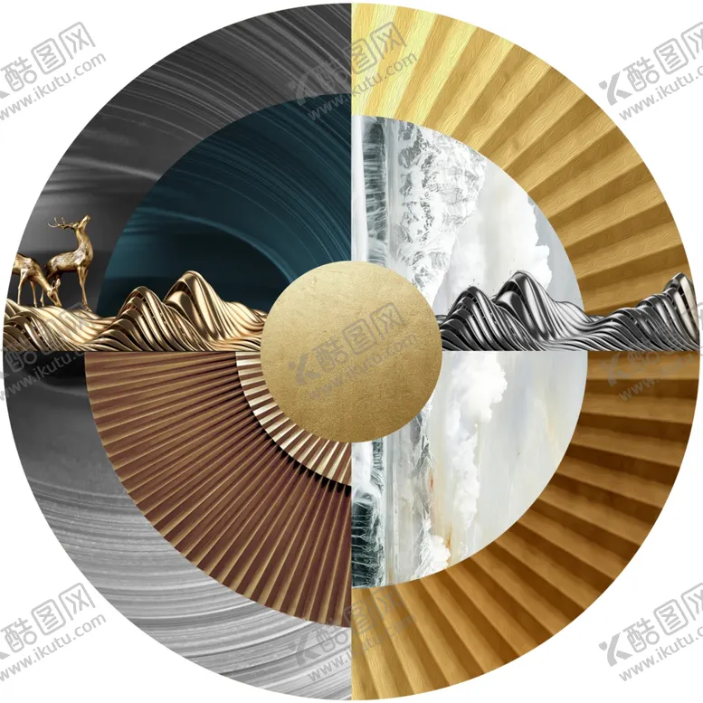 编号：69530506190521498215【酷图网】源文件下载-新中式金箔圆形大海沙滩装饰画