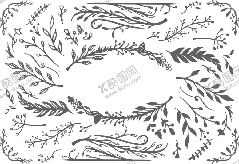 编号：94470309110303176512【酷图网】源文件下载-黑白线描花枝花叶剪影