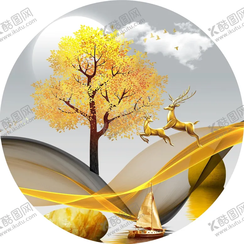 编号：58973010031420353745【酷图网】源文件下载-金色麋鹿发财鹿晶瓷画