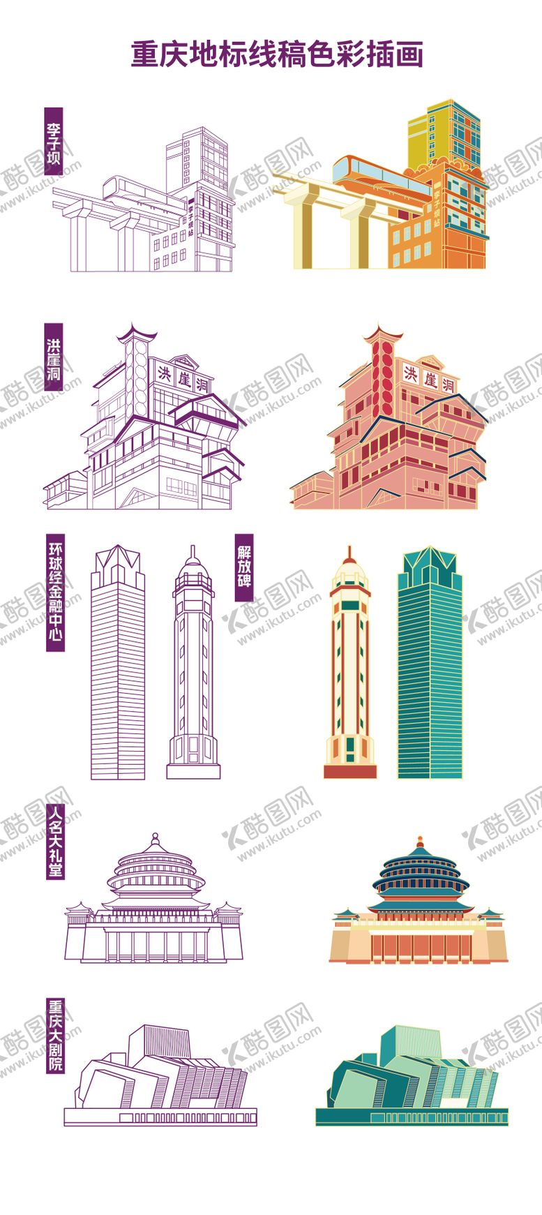 卡通手绘扁平风重庆城市地标线稿手绘上插画矢量