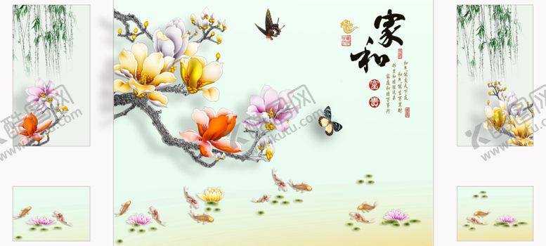 编号：28636606251437454656【酷图网】源文件下载-花鸟画玉兰飞鸟背景墙