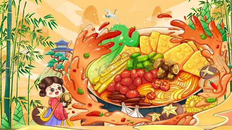 编号：48148811150032557350【酷图网】源文件下载-古风人物美食春笋竹子螺蛳粉画面